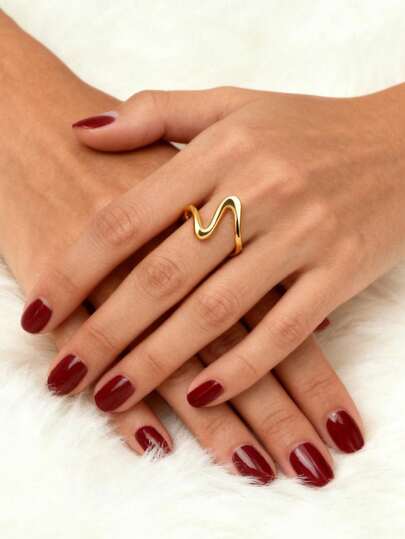 1枚极简主义不锈钢开口戒指，独特设计不对称波浪时尚女士戒指