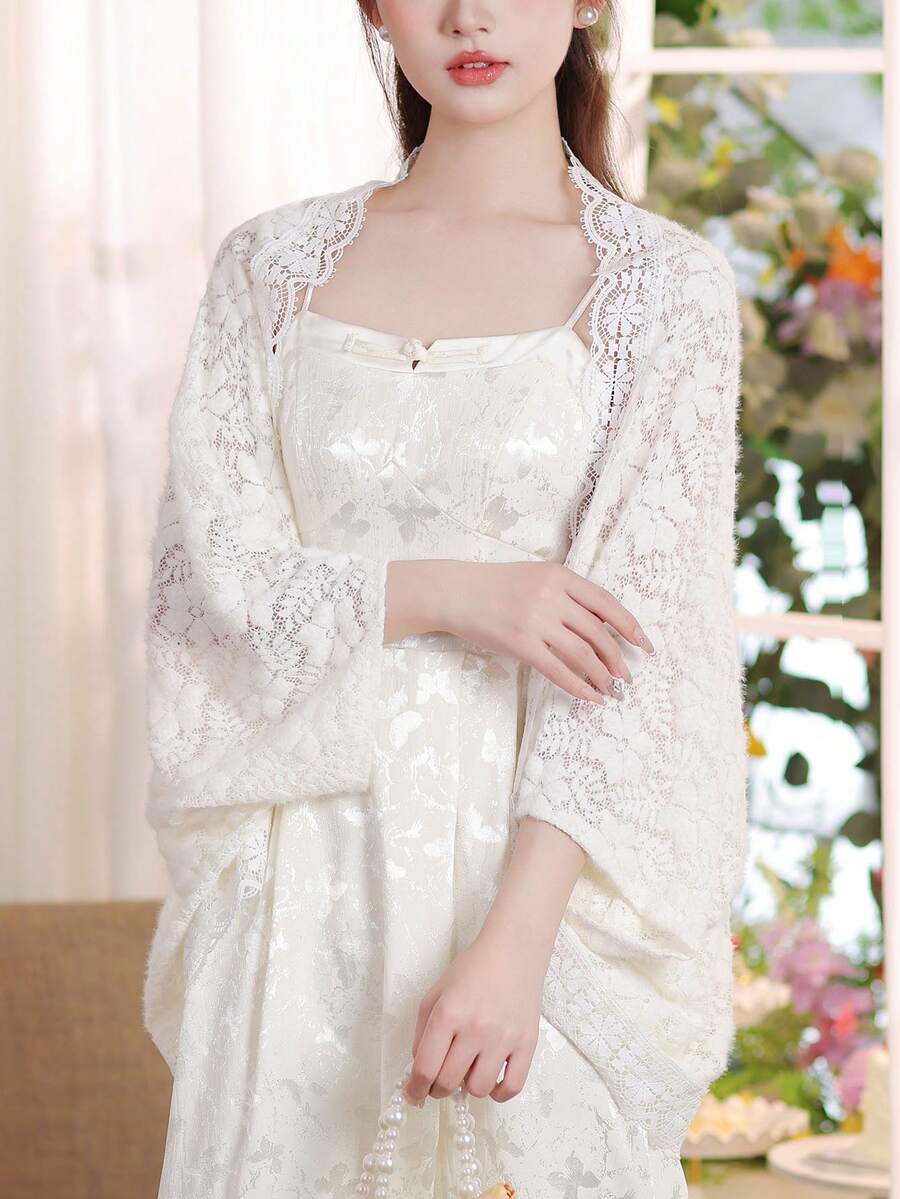 1pc Women Lace Shawl Cardigan, Lightweight Batwing Sleeve Sun Protection Air Conditioning Coat, Suitable For Summer Dresses - Apricot - View 1