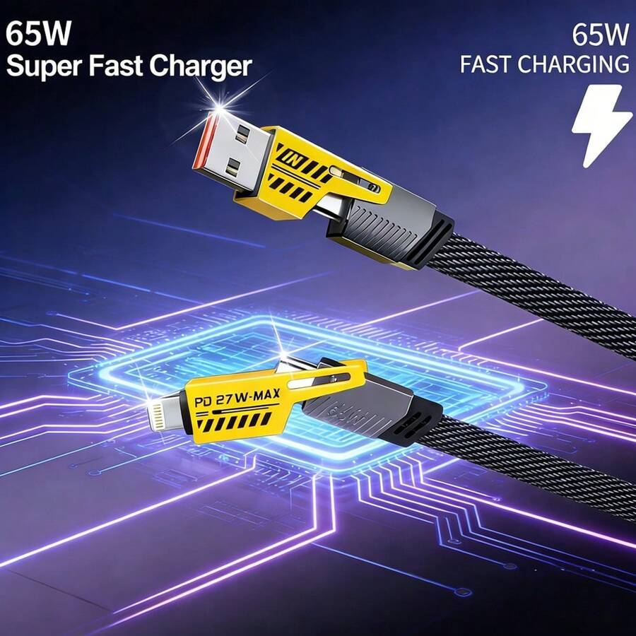 1pc 4-In-1 Multi-Function Fast Charging Data Braided Cable, USB/Type-C To Lightning/Type-C Adapter Charger Accessory Compatible With IPhone 17 Pro Max/17 Pro/17/Air/16/15/14/13/12/11/XS/XR/8/7/6, IPad Series - Black - View 1