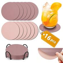 16个杯垫+1个杯垫架 - 玻璃杯垫和饮料杯垫，双面设计，防滑，仿皮材质，皮革质感，采用优质仿皮和PU皮革制成，适用于桌面保护 - 彩色 - 查看 9