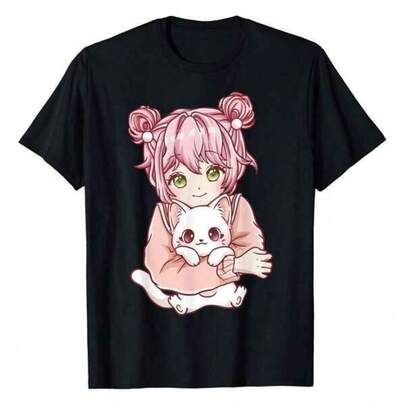 Shirts For Men Tween Girls'Printed Short Sleeve T-Shirt Anime Cat Cats Kawaii T-Shirt Women Unisex Men S Cotton Short Sleeve T-Shirt, Perfect For Summer Adventures, 100% Soft Fabric, Ideal For Sports, Work, And Relaxation ,And Must-Have Gifts For The Start Of School Season,Unisex T-Shirt, Suitable For Wearing During Halloween Men's Casual Print Round Neck Short Sleeve T-Shirt Men Women T-Shirt Print Tee