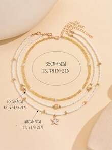 3pcs Set Handmade Bead & Faux Pearl Linked Golden Starfish & Shell Necklace, Minimalist Style Jewelry For Women, Suitable For Daily Wear And Beach Vacation - Multicolor - View 5