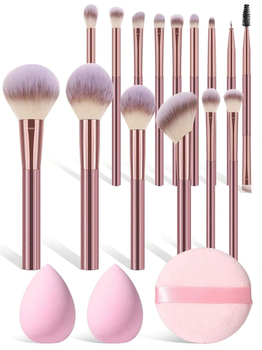 18PCS Pro-Grade Makeup Brush & Puff Set: 15PCS Dense Blending Brushes + 2PCS Multi-Shaped Sponges + 1pc Precision Circular Puff – Perfect For Daily Makeup & Touch-Ups - Pink - View 1