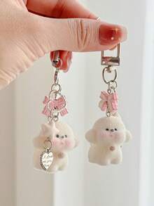 1个可爱毛绒泰迪熊包包挂件，女孩爱心蝴蝶结，卡通动物，手机配件，汽车钥匙扣 - 彩色 - 查看 3