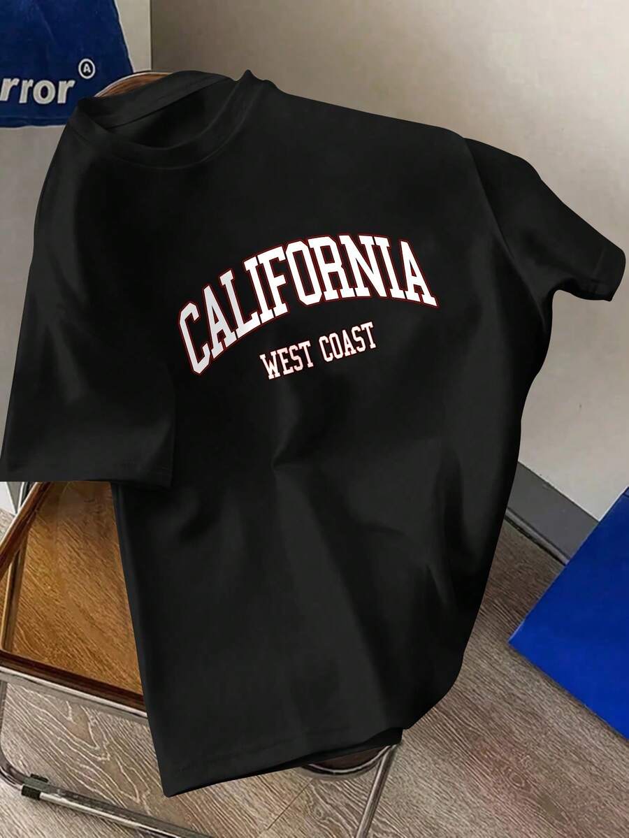 Men's California West Coast Letter Print Sporty Casual Versatile Short-Sleeve T-Shirt - 黑色 - 查看 1