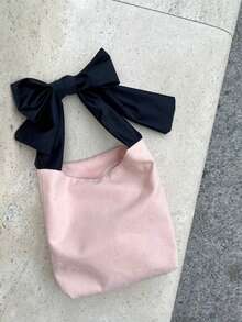 Personalized Name Canvas Tote Bag With Elegant Black Satin Ribbon, French Style Shoulder Bag, Customizable Single Initial, Suitable For Baby Shower Gift, Mom Bag, Valentine's Day Gift - Multicolor - View 7