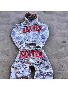 Men's Camouflage Sweatshirt Set Printed Street Personality Fashion Brand Versatile Letter Casual Pants Harajuku Style Pullover Hoodie Pants Jacket Letters - 紫羅蘭 - 查看 7
