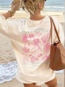 Women's Summer New Simple Cute Marine Life Print Casual Vacation Style Loose Versatile Round Neck White Short-Sleeved T-Shirt Fashionable Daily Tops Suitable For Daily Vacation Wear. Graphic Tees Women Pink Top-Unisex Comfortable Vintage Street Style Loose-Fit Washed T-Shirt - 杏子 2 - 查看 2
