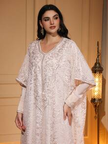 Elegant Long Sleeve Batwing Robe, V-Neck With Applique And Contrast Lace Details, Made Of Non-Stretch Woven Fabric, Flowing Design - Apricot - View 7