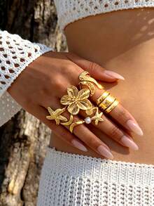 28-6件套复古时尚优雅仿古风格金属多元素彩色仿宝石猫眼石镶嵌闪亮水钻仿珍珠粗锤不规则可调节戒指套装，个性化简约奢华波西米亚Y2K叠戴戒指，男女情侣款，送给女友、家人、夏季假日派对、结婚纪念日的理想礼物 - 彩色 - 查看 7