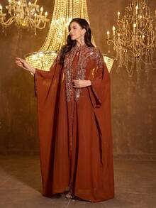 SUPGIR [随机印花] 女士长袖亮片拼接腰带晚礼服 - 橘色 - 查看 5