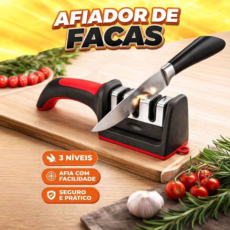 Afiador de Facas 3 em 1 Amolador De Cozinha Metal Ergonômico Antiderrapante 3 em 1 Profissional - Vermelho - Visão 1