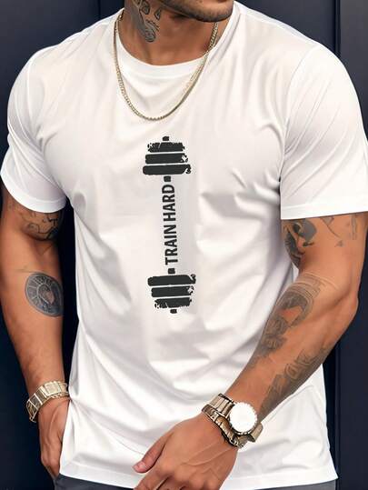Men's Fashion Simple Design, Dumbbell Graphic Print, Lightweight Comfortable T-Shirt, Suitable As Gift For Friends And Family, Suitable For Outdoor Hiking, Suitable For Daily Casual T-Shirt, Gym Outfit, Sports And Daily Gym Workout T-Shirt, Versatile Sporty Short Sleeve Tee