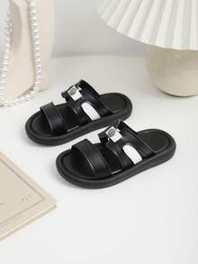 1 Pair Kids Open Toe Anti-Slip Beach Sandals, Children Casual White Bottom Classic Soft Bottom Leisure Slippers, Versatile Toddler Walking Sandals - Black - View 2