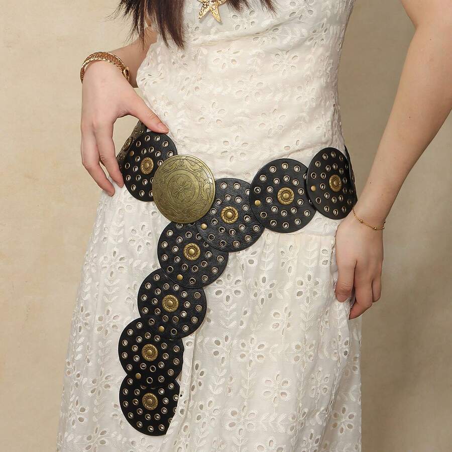 Vintage Metal Punk Waist Belt For Women, Retro American Western Style Colorblock Round Rivet Waist Strap Accessory For Dress, Polka Dot Bohemian PU Leather - bánh tròn - Xem 1