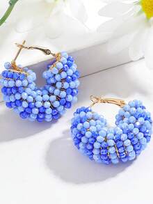 Bohemian Beaded Hoop Earrings, Handmade Crystal Chunky Hoop Earrings, Spring Vacation Boho Statement Jewelry For Beach & Summer Daily Wear - Multicolor - View 5