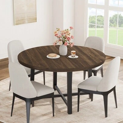 Industrial 47'' Round Dining Table For 4-6 – Space-Saving Wooden Kitchen Table – Sturdy Metal Frame – Perfect For Dining Room Or Kitchen – No Chairs Included