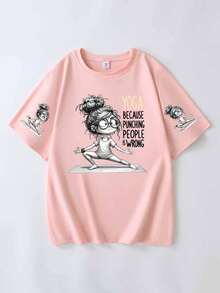 Women's Yoga Pattern Slogan T-Shirt, Fun Printed Short Sleeved Round Neck Casual Top, Spring And Summer Pink - Pink - View 2