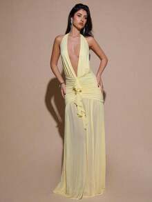 2026 Dresses For WomenBAE Sexy Minimalist Solid Yellow Cream Deep V-Neck Halter Bodycon Ruched Fitted Women's Maxi Mesh Dress, Suitable For Party, Cocktail, Formal Occasions, Bridesmaid, Birthday, Business Casual, Elegant Women Maxi Dress,Valentine's Day,Valentine Fits For WomenLoose And Comfortablevestidos - 淡黃色 - 查看 6