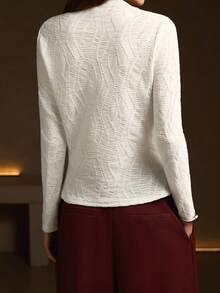 女士杏色纹理褶皱高领长袖修身上衣——完美适用于办公室、日常休闲和派对造型 - 米色 - 查看 2