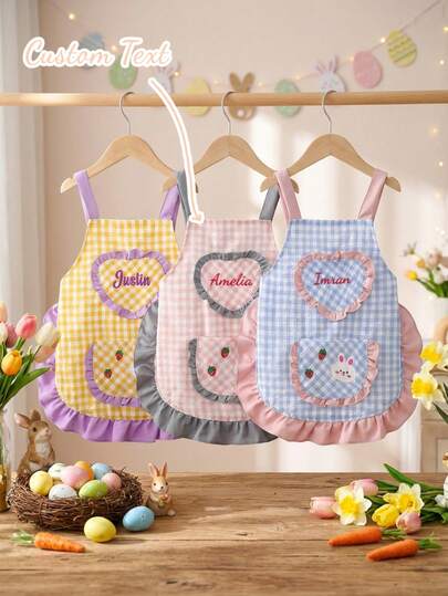 1ชิ้น ผ้ากันเปื้อนเด็กน่ารักส่วนบุคคล - ปักชื่อเด็ก, มีกระเป๋าและลายการ์ตูนกระต่าย | ของขวัญพิเศษสำหรับเชฟและศิลปินตัวน้อย | ของที่ระลึกทำมือ, ของขวัญที่ดีสำหรับเด็กผู้หญิงตัวเล็ก