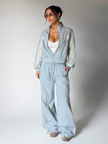 Bộ 1 áo khoác cổ đứng khóa kéo kiểu vintage + quần ống rộng, thời trang đa năng mùa xuân. - Màu xanh nhạt - Xem 6