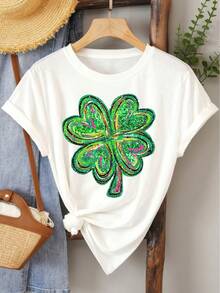 (St. Patrick's Day) Green Pink Black Glitter Texture Design Four-Leaf Clover Pattern Print Fashion Elegant Women's Spring Summer Autumn Casual Sports Style Top Soft Comfortable Round Neck Short Sleeve T-Shirt Available In S-XXL - trắng - Xem 1