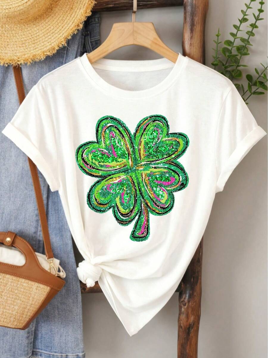 (St. Patrick's Day) Green Pink Black Glitter Texture Design Four-Leaf Clover Pattern Print Fashion Elegant Women's Spring Summer Autumn Casual Sports Style Top Soft Comfortable Round Neck Short Sleeve T-Shirt Available In S-XXL - trắng - Xem 1