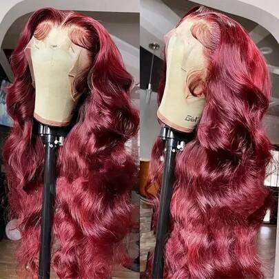 32 Inch 200% Density Body Wave Lace Front Wigs Human Blended Hair #BUG Burgundy Pre Plucked 13x4 HD Transparent Lace Frontal Wig With Baby Hair 200% Density Brazilian Virgin Lace Front Wigs For Women