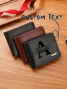 1pc Customized Men's Solid Color Letter Print Short Wallet, PU Leather Bifold Multi-Card Wallet - Multicolor - View 3