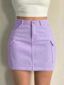 Women Denim Mini Skirt Straight Style Pocket Detail Medium Stretch Elegant Sexy - Purple - View 2