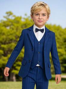 Boys Royal Blue Striped Blazer 3-Piece Suit Set | Kids Vest Dress Pants Jacket Outfit | Halloween Christmas Birthday Party, Easter Wedding Formal Attire, Children's Pageant Tuxedo Suits - 寶藍色 - 查看 5
