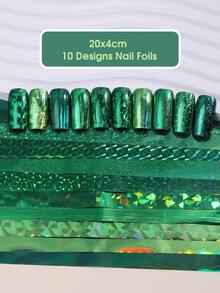 10张圣帕特里克节绿色全息闪光美甲贴纸，闪亮几何线条设计，激光绿色星空纸全覆盖贴纸，DIY美甲装饰，适合女性美甲用品 - 綠色 - 查看 4