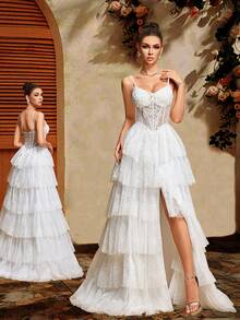 Women's Autumn White Bridal Gown, Multi-Layered Ruffle A-Line Bridesmaid Dress, Solid Color Elegant Wedding Mother's Outfit With Pearl Embroidery & Back Tie Design | Spaghetti Strap Maxi Dress, Suitable For Halloween, Homecoming, Prom, Wedding Guest Attire, Formal Occasions | Exquisite Craftsmanship, Party - White - View 2