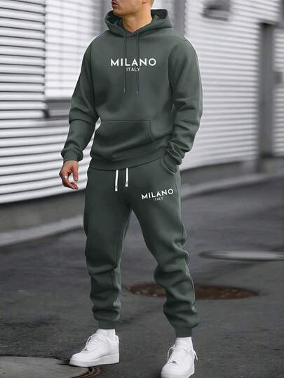 Men's Lightweight Fabric Personality Milan Letter Print Contrast Color Hoodie And Pants Set, Fashion Casual Sportswear With Pockets And Drawstring Waist Trousers, Suitable For Cool Spring And Autumn Weather
