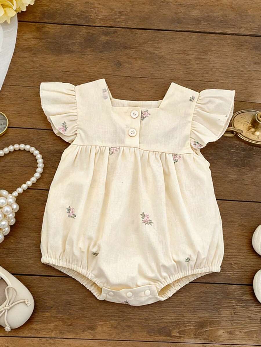 Summer Baby Girls Embroidered Floral Romper With Flutter Sleeves