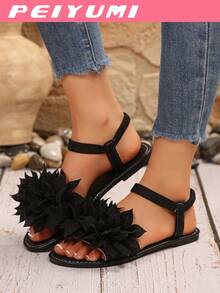 PEIYUMI Women's Sandals, Summer Beach Floral Decor Sandals, Stretchy Elastic, Easy To Carry - Black - View 3
