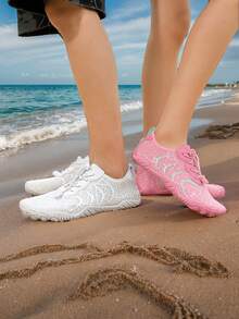 1 Pair Unisex Breathable Striped Print Mesh Casual Shoes, Lace-Up Low-Top Barefoot Shoes, Rubber Outsole Outdoor Couple Cycling Shoes, Suitable For Indoor Running, Yoga, Jumping Rope, Outdoor Vacation, Beach, Water Sports - Pink - View 2