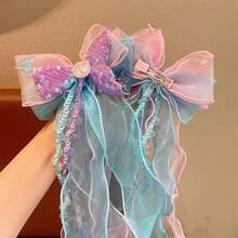 1pc Cute Mermaid Tail Ribbon Bow Hair Clip, Mermaid Sequin Ice Princess Mesh Barrette Hair Accessory - Multicolor - View 8