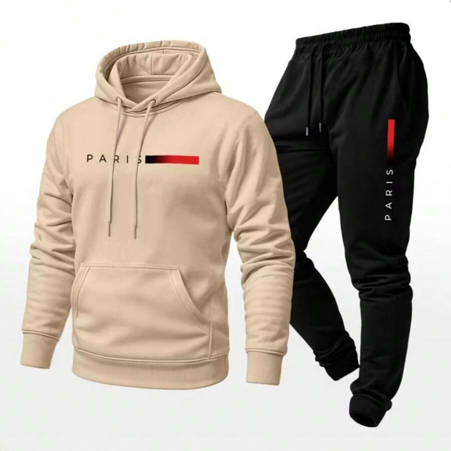 Men's Kangaroo Hoodie And Cold Weather Tracksuit Set - 米色/黑色 - 查看 1