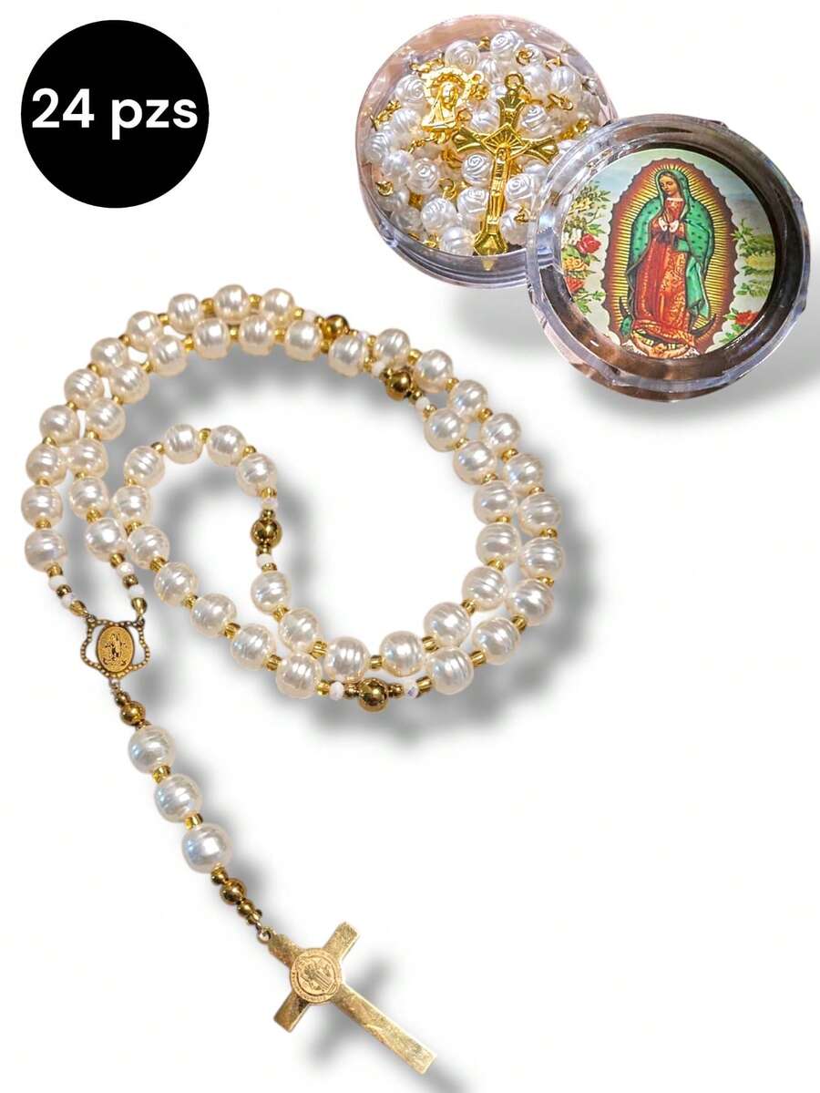 Hermosos Rosarios de la virgen de Guadalupe con divinas perlas blancas, recuerdos de la Virgen , ideales para compartir en eventos especiales como, Bautizos, Primeras comuniones, Confirmaciones, Bodas, Fiestas de cumpleaños, Celebraciones religiosas o familiares, Sorprende a tus invitados con estos hermosos Rosarios de la virgen de Guadalupe, recuerdos para fiestas - 24 pzs - Ver 1
