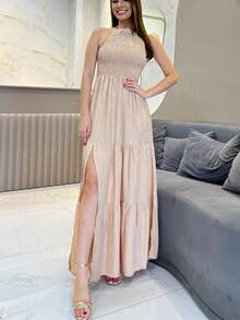 Elastek Elegant Slit Halter Neck Long Dress - Cream - View 4