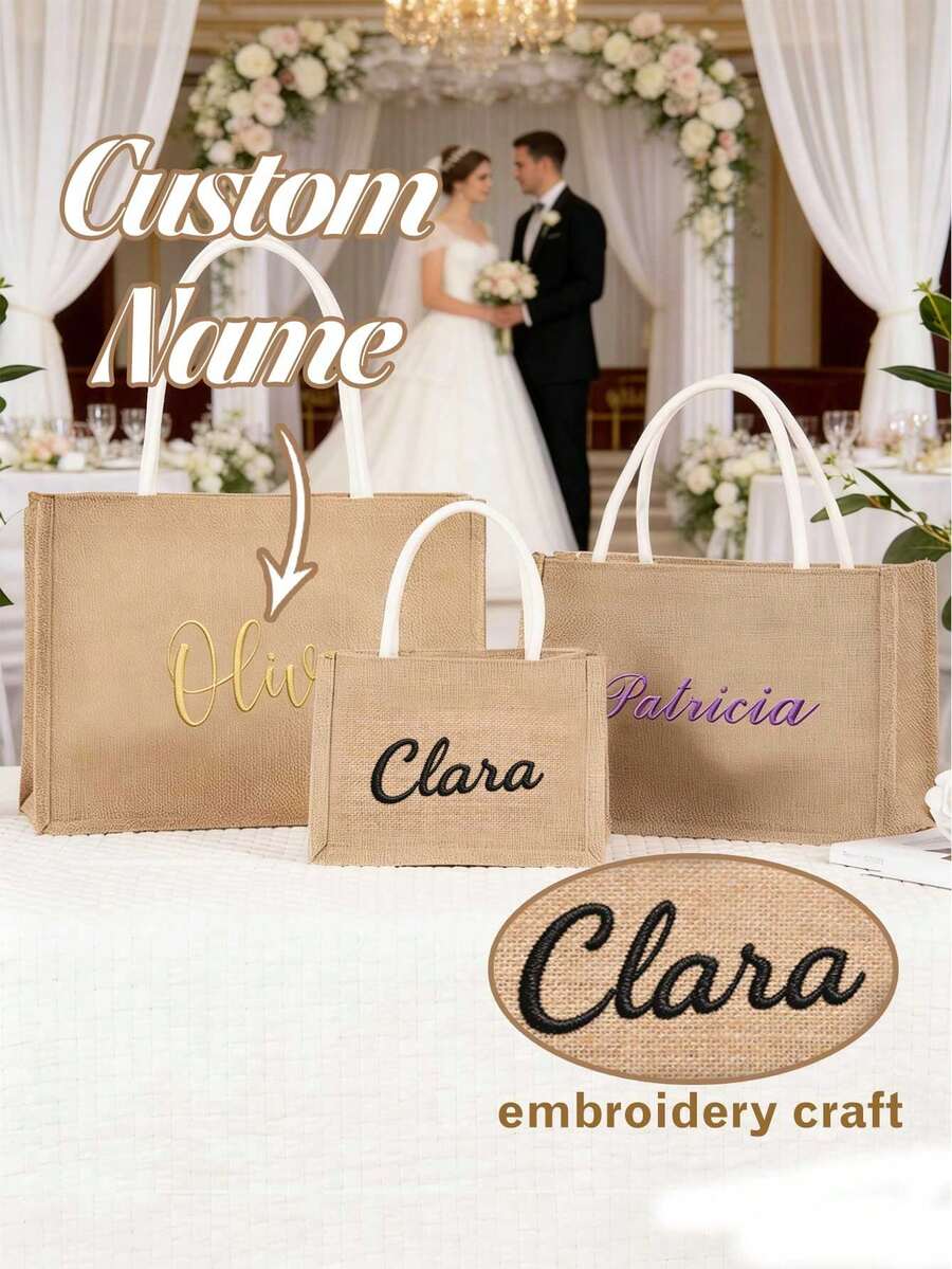 Customized Embroidered Linen Wedding Bag, Personalized Linen Bag, Customized Bridesmaid Gift Bag, Bachelorette Party Gift, Beach Tote Bag, Customized Gift, Student Item Bag, Foldable, Casual Style - Multicolor - View 1