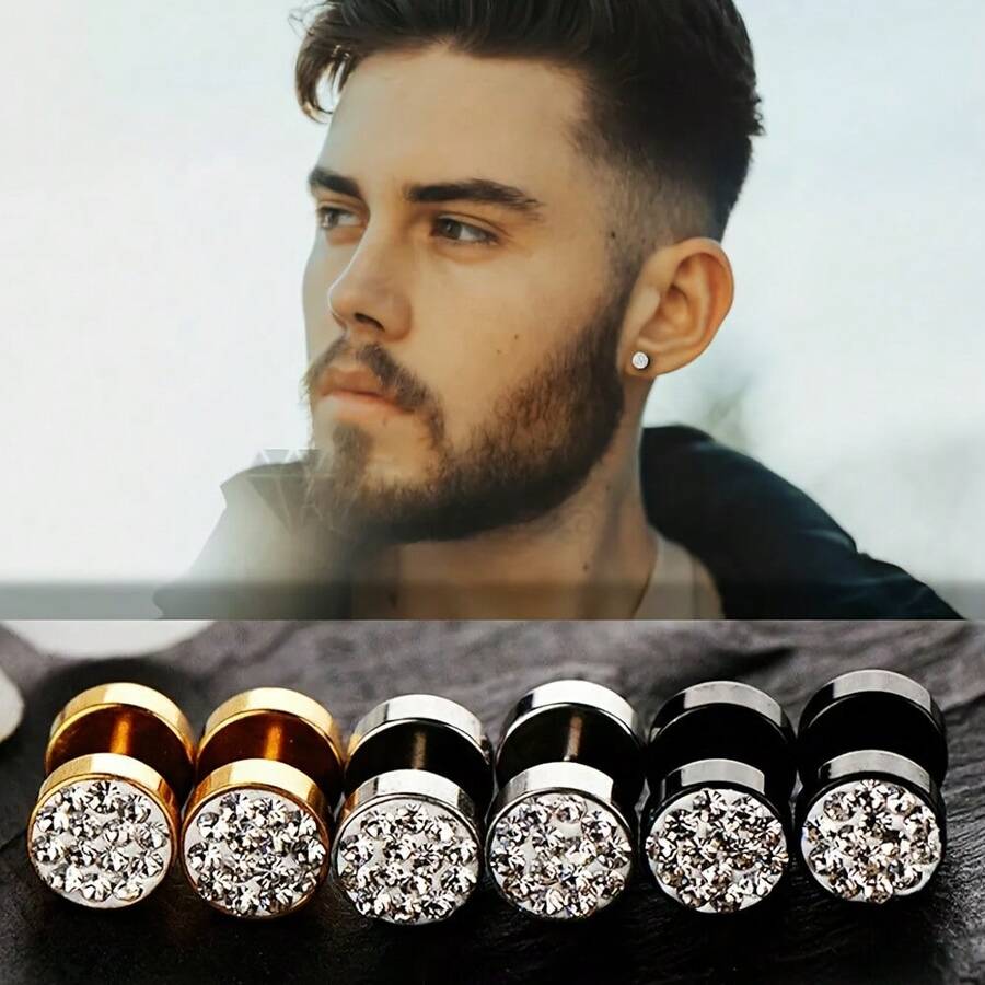 2pcs Fashionable Stainless Steel Inlaid Synthetic Zirconia Round Stud Earrings, Unisex - White - View 1