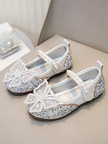 Baby Girl Bow Rhinestone Pearl Flat Shoes Infant Princess Daily Wear Shoes - Silver - View 3