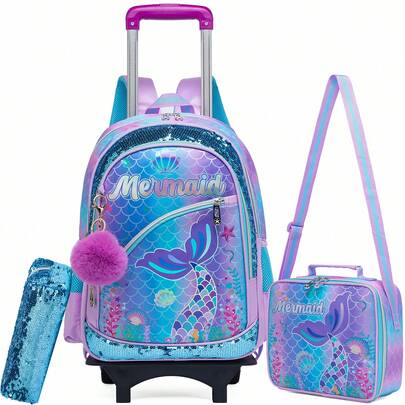 Set de 3 mochilas con ruedas para niñas, con múltiples bolsillos y patrones de sirena/gato, adecuadas para estudiantes de primaria, con estuche y caja de lápices