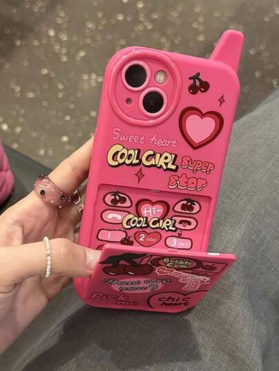 1pc Retro Y2K Cherry Heart 3D Pink Makeup Mirror Phone Case, Compatible With Iphone 17/16/15/14/13/12/11 Pro Max, Solid Color Shock-Proof Soft Case