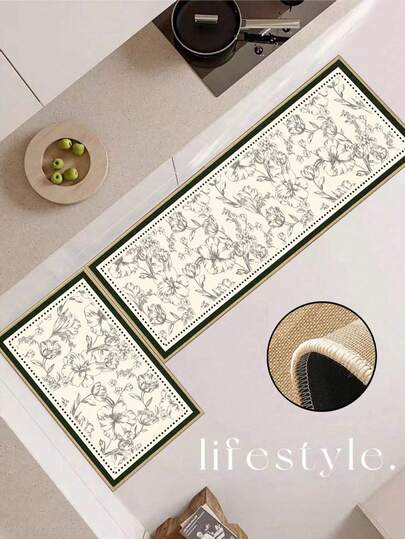 3.5毫米厚柔软橡胶亚麻厨房地垫，法式复古农舍风格吸水厨房地毯，缝边设计防止脱皮，吸水易清洁，适用于厨房、浴室、洗衣房、走廊、客厅等场所。