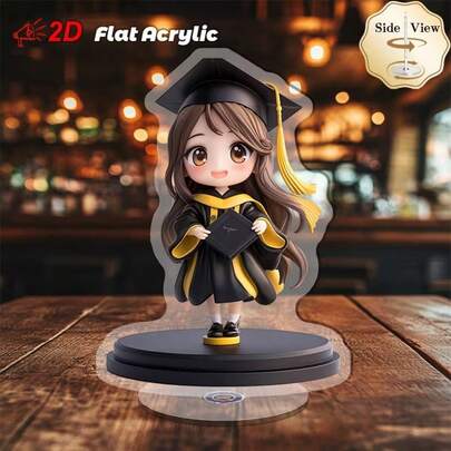 2D平面旋转亚克力桌面摆件 - 洛丽塔女孩头戴毕业帽，配有流苏和毕业证书，无需电池，室内/室外庆祝活动，办公室/家居励志礼物，毕业帽装饰品，做工精美