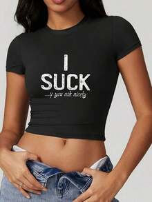 Y2K-Style Women's Cropped T-Shirt Top. Black Short Sleeve Crop Top T-Shirt With White Text "I SUCK...If You Ask Nicely" - 黑色 - 查看 1